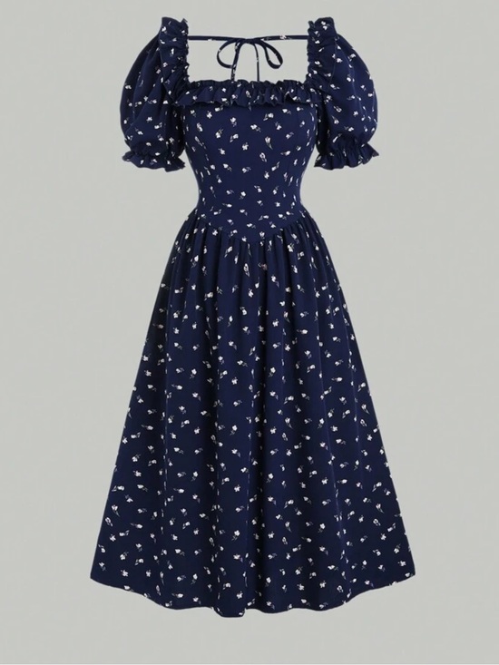 Dresses & Skirts - Navy Floral Puff-Sleeve Midi Dress